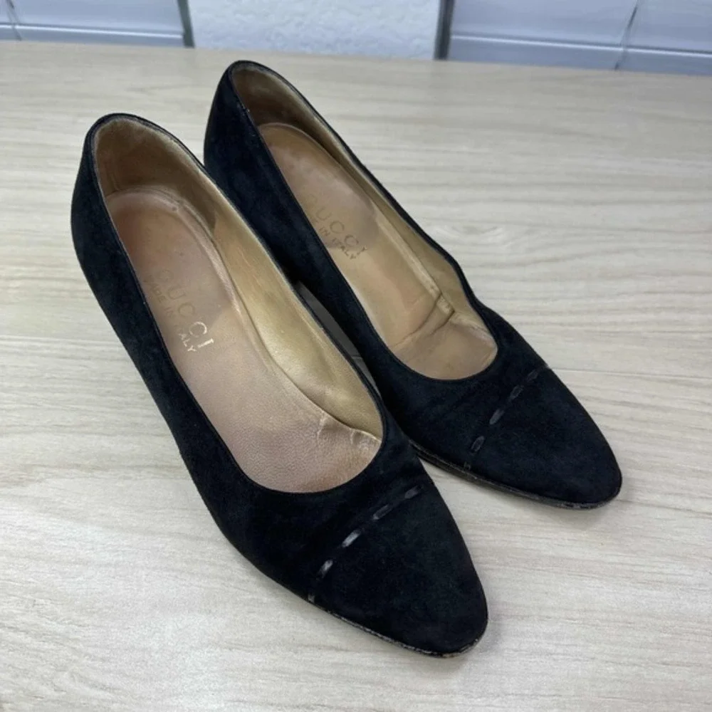 Gucci Shoes Women Size 5.5 Black Suede Vintage Slip On Dressy Office Chunky Heel